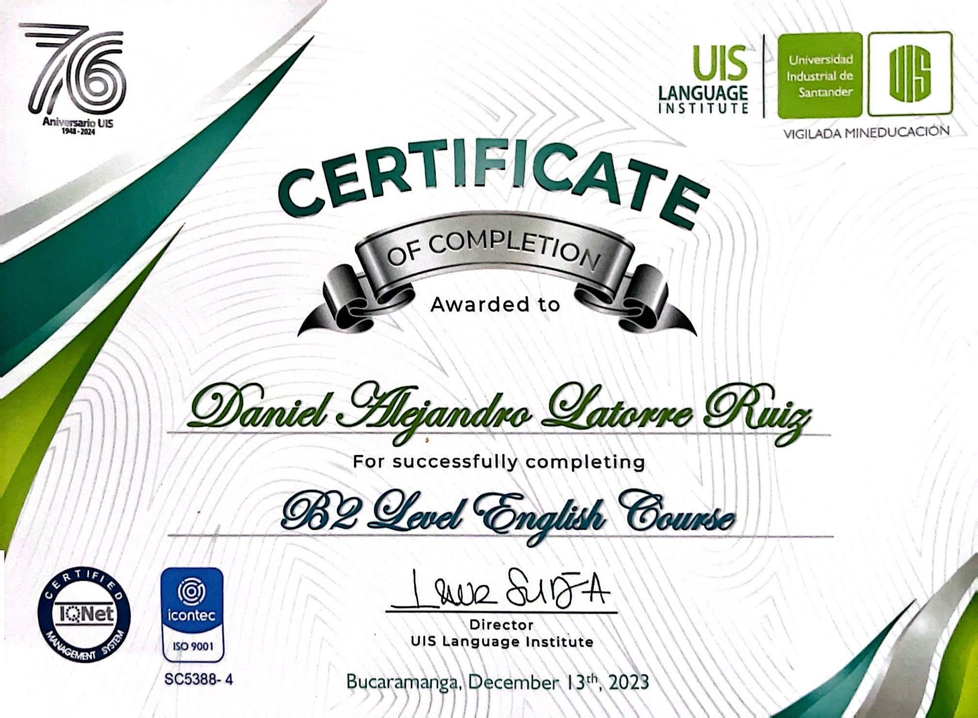 Certificado de inglés nivel B2 del UIS Language Institute
